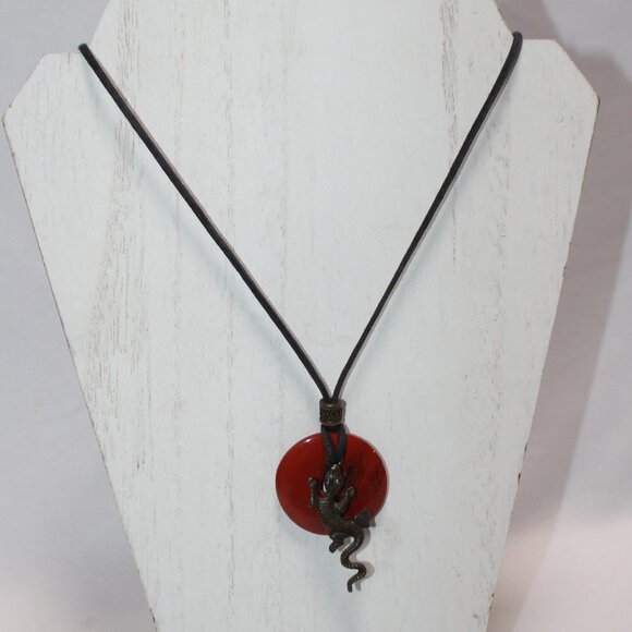 Unisex Red Jasper Gemstone Leather Cord Pendent 30" with Lizard - Picture 2 of 10